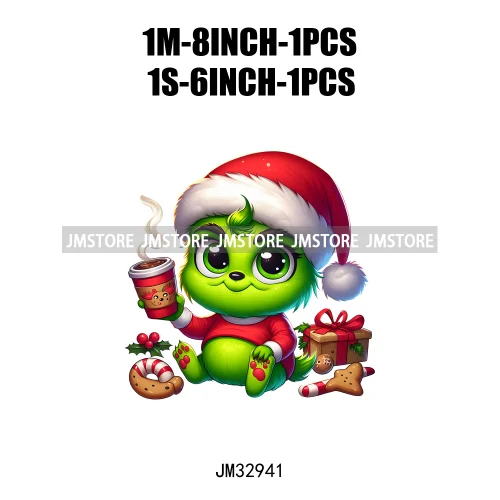 Cute Green Baby Cartoon Santa Claus Christmas Vibes Xmas Holiday Iron On DTF Transfers Stickers Ready To Press For Sweatshirts