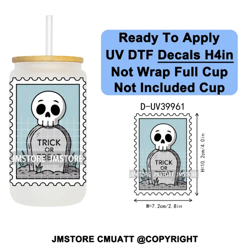 Halloween Stamps Trick Or Treat UV DTF Decals Ready To Apply Waterproof Transfer Stickers DIY Crafts For 16OZ Libbey Glass Can