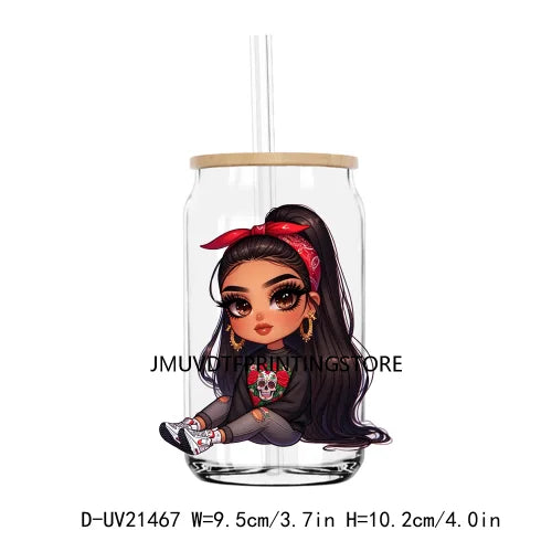 Chibi Cute Chicana Doll With Rose UV DTF Transfers Stickers Decals For Libbey Cold Cups Mugs Tumbler Mexico Waterproof DIY Logo