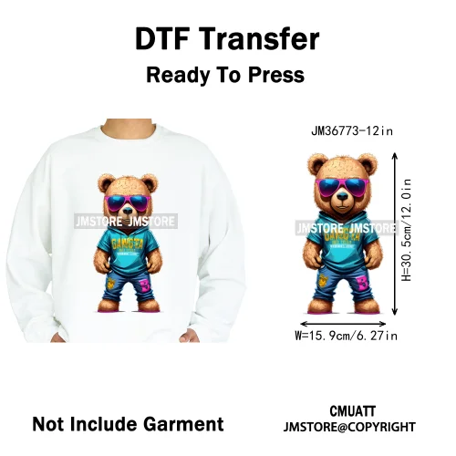 12in Cool Retro Urban Streetwear Graffiti Hip Hop Teddy Bear Iron On DTF Washable Transfers Stickers Ready to Press For Clothing