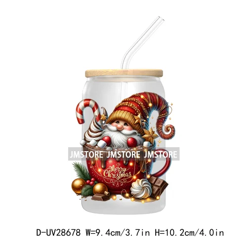 Festive Christmas Gnome Candy Cane UV DTF Transfer Stickers Decals For Libbey Cold Cups Mugs Tumbler Labels Cartoon Characters