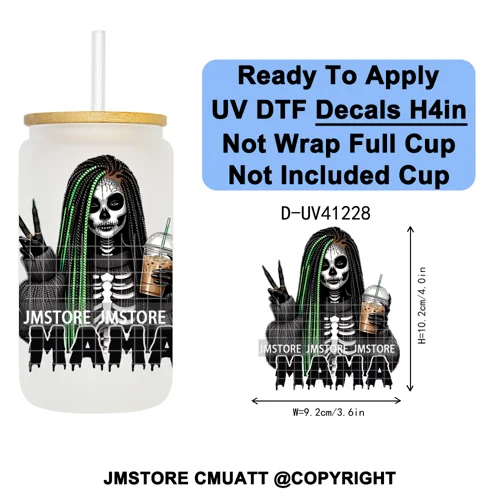 Spooky Mama Skullface Halloween UV DTF Decals Ready To Apply Waterproof Transfer Stickers DIY Crafts For 16OZ Libbey Glass Can
