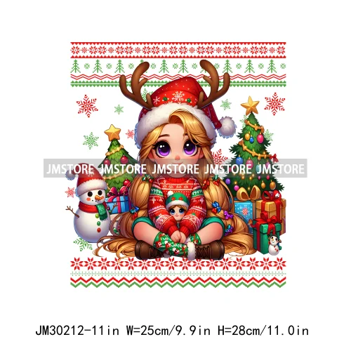 Cute Princess Red Ugly Sweater Cartoon Girls Friends Merry Christmas Iron On DTF Transfers Stickers Ready To Press For Clothing