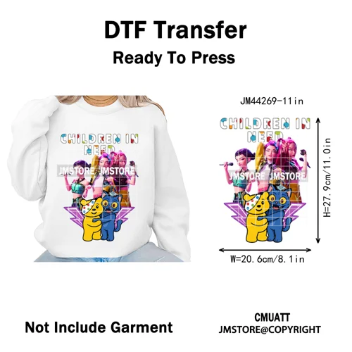 Cute Cartoon Bear Children in Need Charity Raising Kids Iron on Washable DTF Heat Transfers Stickers Ready to Press for Textiles