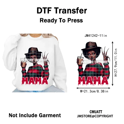 Coffee Lover Afro Mama Spooky Halloween Killer Cartoon Women Iron on Washable DTF Transfers Stickers Ready to Press for Hoodies