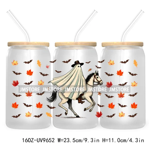 Spooky Ghost Fall Halloween Pumpkin Season UV DTF Sticker For 16OZ Libbey Glass Cup Can Autumn Leaves Wrap Transfer Stickers