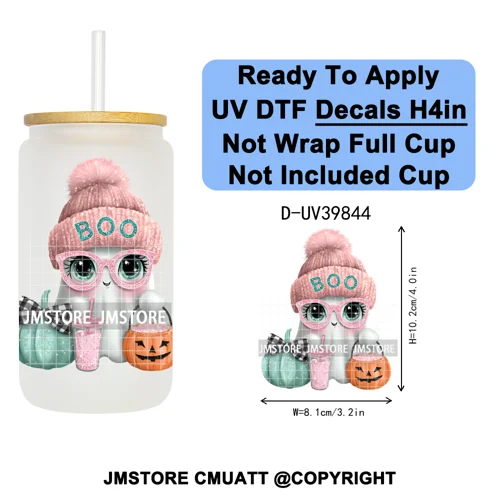 Girly Halloween Ghost Pumpkin Coffee Lover UV DTF Transfer Stickers Decals Ready To Apply Waterproof For 16OZ Libbey Glass Can