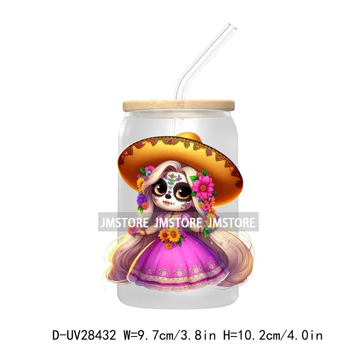 Cute Latina Cartoon Princess Baby Girl UV DTF Transfer Stickers Decals For Libbey Cold Cups Mug Tumbler Labels Sugar Skull Woman