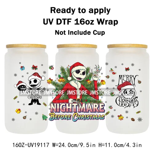 Skeleton Nightmare Before Christmas UV DTF Transfer Sticker Cup Tumbler Wrap For 16OZ Libbey Glass Wraps Bottle Mug DIY Labels