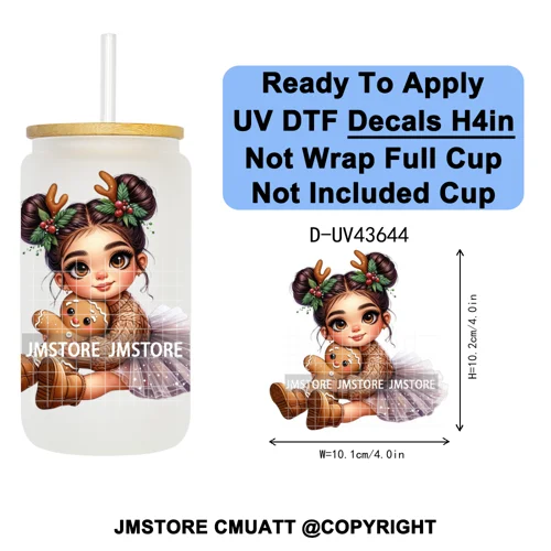 Chibi Cute Mexican Christmas Baby Girl UV DTF Decals Ready To Apply Waterproof Transfer Stickers For 16OZ Libbey Glass Can Mugs