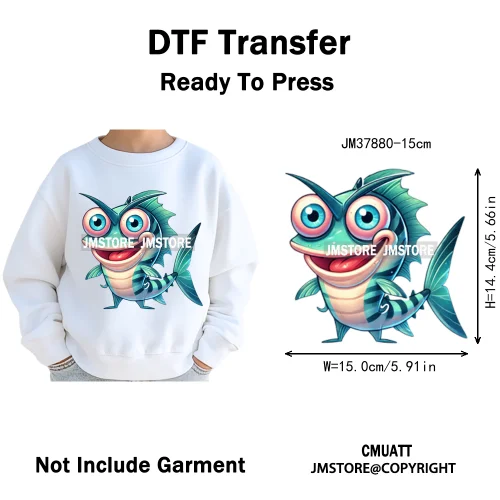 15cm 5.9in Cute Sea Underwater Animal Quirky Fish Octopus Decals Washable Iron On DTF Heat Transfers Stickers For Kids T-Shirts