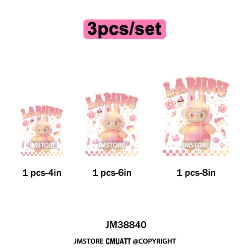 Floral Cute Checkered Cartoon Monster Character Iron on DTF Washable Transfers Stickers Designs Ready to Press for Textile Bags