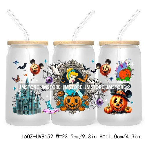 New Trendy Cartoon Princess Halloween 16OZ UV Cup Wrap DTF Transfer Stickers For Libbey Glass Can Cups Tumbler Waterproof Labels