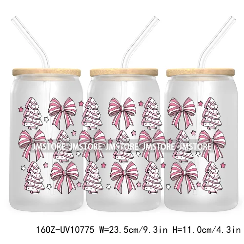 Christmas Highland Cow Coquette Bow 16OZ UV DTF Cup Wrap Waterproof Transfer Stickers For Libbey Glass Can Christmas Gingerbread