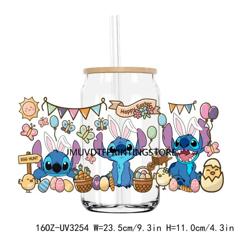 Cute Easter Bunny Cartoon UV DTF Sticker For 16OZ Libbey Glass Cup Can Wrap Transfer Sticker Custom Label DIY Logo Spring Flower