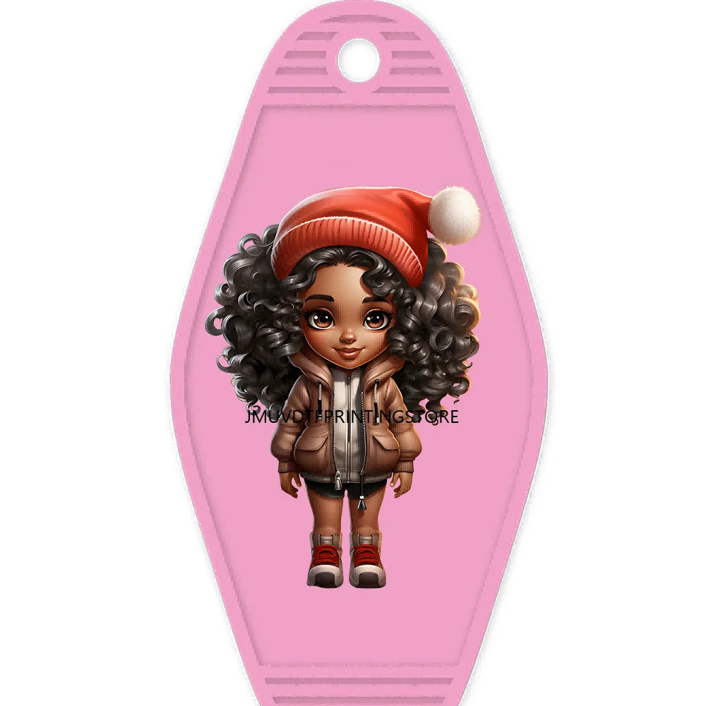 Merry Christmas Little Girls With Santa Hat High Quality WaterProof UV DTF Sticker For Motel Hotel Keychain