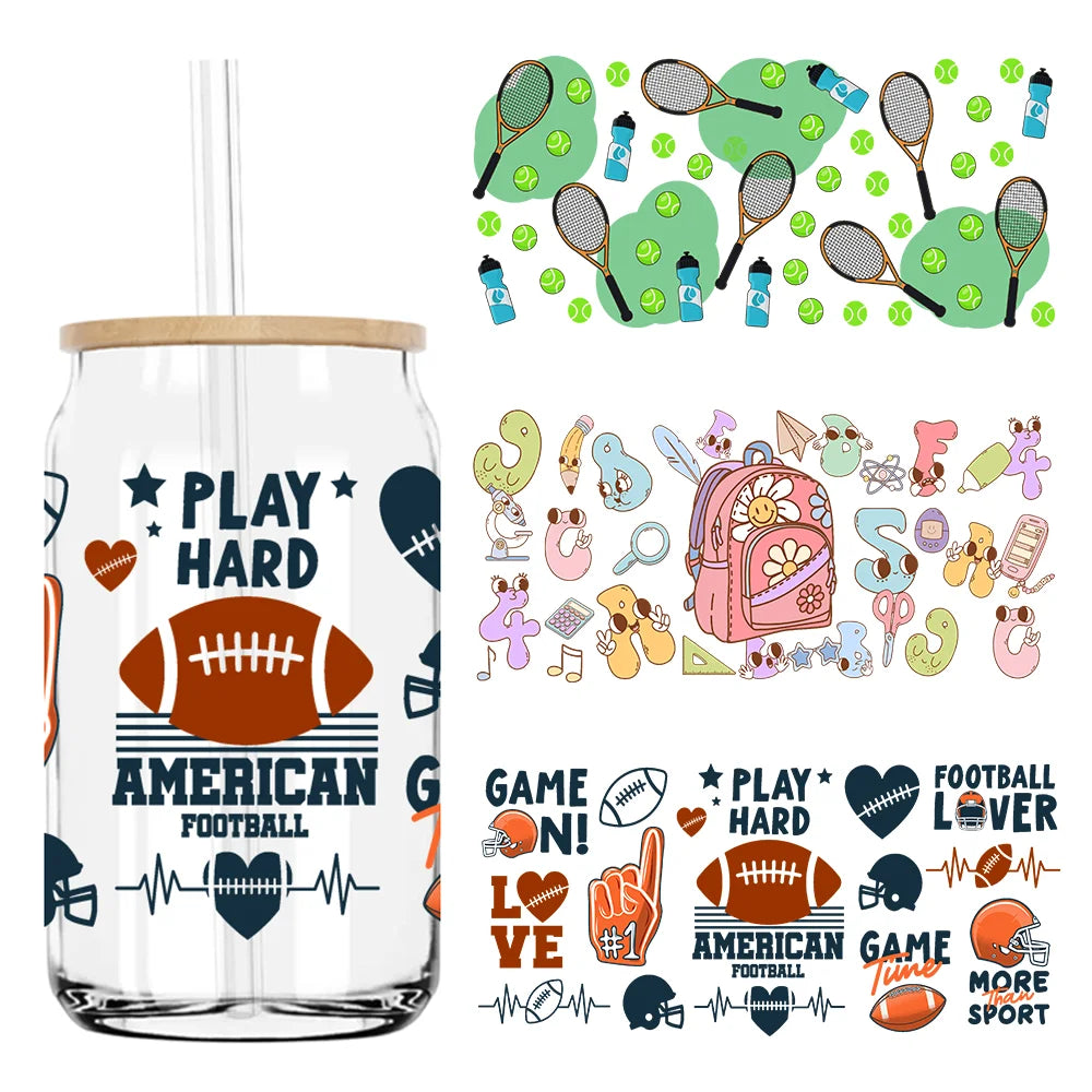 Play Hard American Football Sports UV DTF Sticker For 16OZ Libbey Glass Cup Can Wrap Transfer Sticker Custom Labels DIY Logo