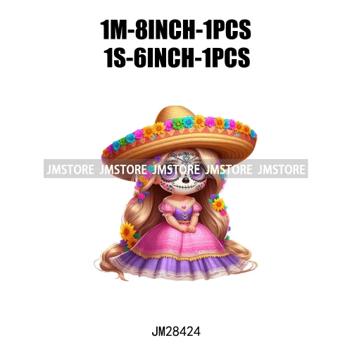 Colorful Day Of The Dead Catrina Princess Baby Girl Sombrero Hat Mexico Conchas Iron On DTF Heat Transfers Stickers For Clothing