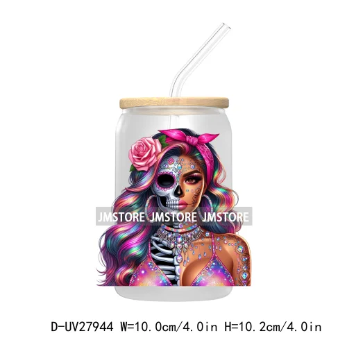 Rainbow Diamond Glamor Latina Skeleton UV DTF Transfer Stickers Decals For Libbey Cold Cups Mugs Tumbler Chicana Latina Woman