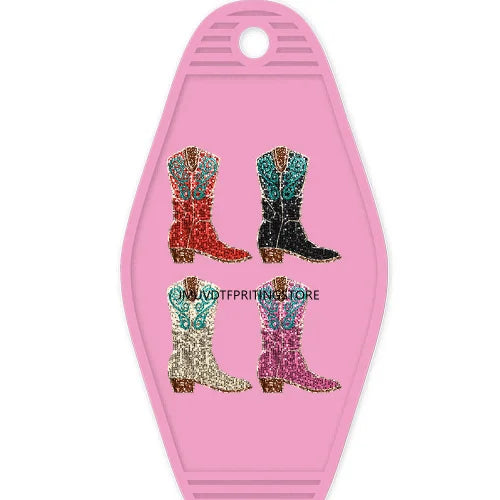 Faux Sequin Western Cowgirl Boots Hat High Quality Durable WaterProof UV DTF Sticker Logo For Motel Hotel Keychain Cow Skull