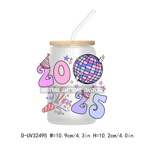 Retro Happy New Year 2025 Coquette Bow UV DTF Transfer Stickers Decals For Libbey Cold Cups Mugs Tumbler Waterproof Custom Logo