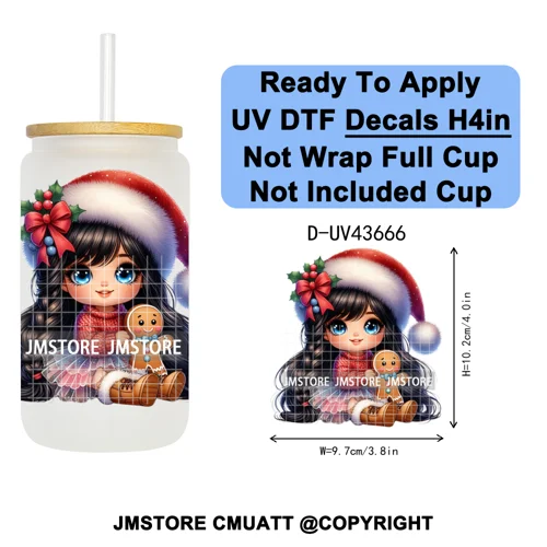 Floral Christmas Latina Chibi Girl UV DTF Transfer Stickers Decals Ready To Apply Good Quality Prints For Libbey Cold Cup Mugs