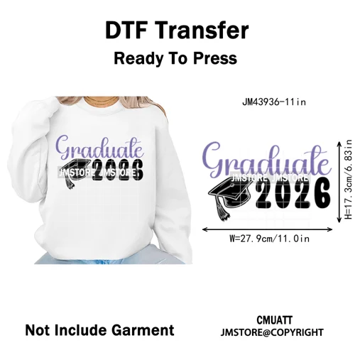 College Mega Senior 2K26 Coquette Class of 2026 Iron on Washable DTF Heat Transfers Stickers Ready to Press for Textiles Bags