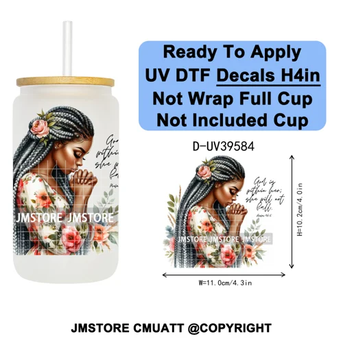 Fashion Girl Praying Black Women UV DTF Decals Ready To Apply Waterproof Transfer Stickers DIY Crafts For 16OZ Libbey Glass Can