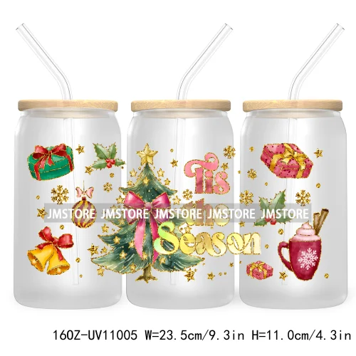 Coquette Glitter Holly Jolly Christmas Tree UV DTF Cup Wrap For Libbey Glass Can Transfer Stickers Waterproof Custom Labels Gift