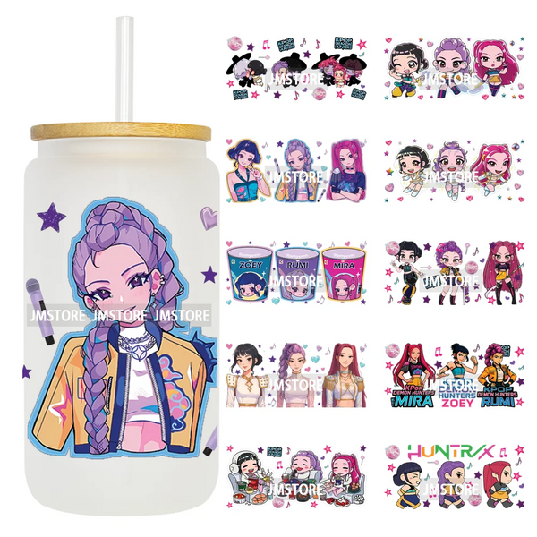 Demon Hunters Inspired Kpop Girls Bands UV DTF Transfer Sticker Durable Cup Tumbler Wrap For 16OZ Libbey Glass Wraps Bottle Mug