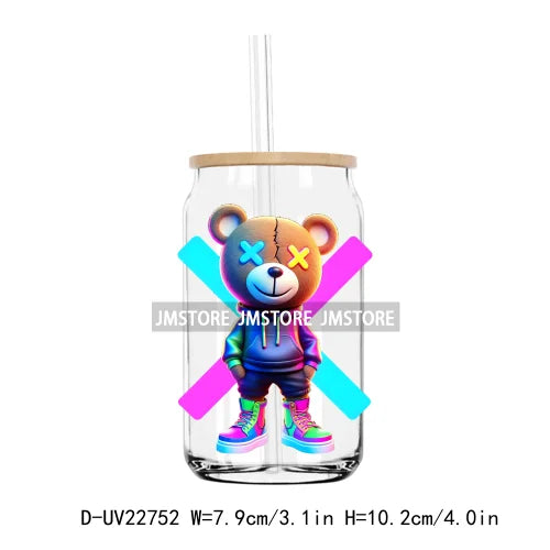 Colorful Neon Teddy Bear Urban Style UV DTF Transfers Stickers Decals For Libbey Cold Cups Mugs Tumbler Waterproof DIY Craft