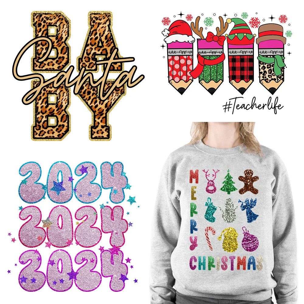 Faux Sequins Happy New Year 2024 Printing Santa Baby Reindeer Merry Christmas DTF Transfer Stickers Ready To Press For Hoodies