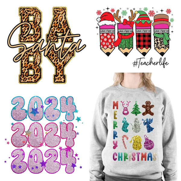 Faux Sequins Happy New Year 2024 Printing Santa Baby Reindeer Merry Christmas DTF Transfer Stickers Ready To Press For Hoodies