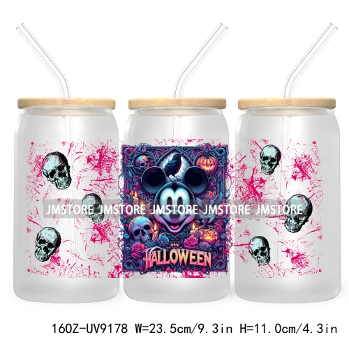 Cartoon Halloween Witch Skull Pumpkins UV DTF Sticker For 16OZ Libbey Glass Cup Can Wrap Transfer Stickers Custom Label DIY Logo