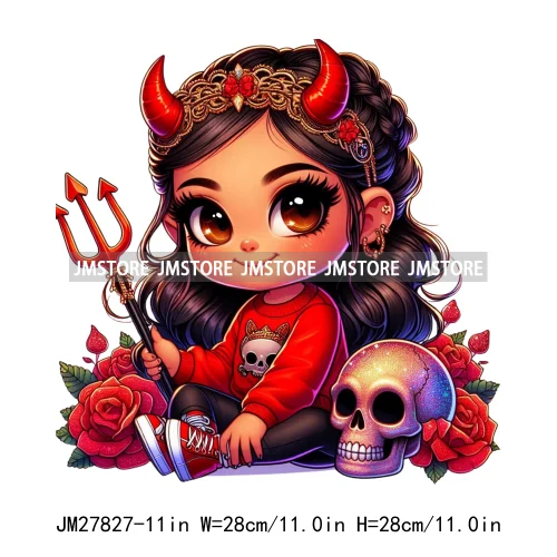 Chibi Cute Halloween Devil Latina Baby Hispanic Girls Skull Red Rose DTF Iron On Transfer Stickers Ready To Press For Sweatshirt