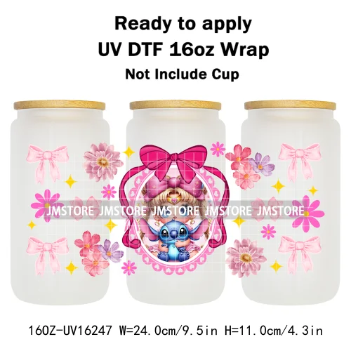 Floral Cartoon Princess Coquette Bow 16OZ UV DTF Cup Wrap Ready To Apply Waterproof Transfer Stickers For Libbey Glass Can Mugs