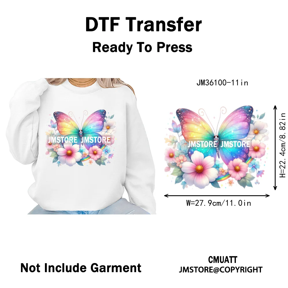 Colorful Sparkling Rainbow Butterflies Flowers Lovers Washable Iron on DTF Transfers Stickers Diy Ready to Press for Clothes