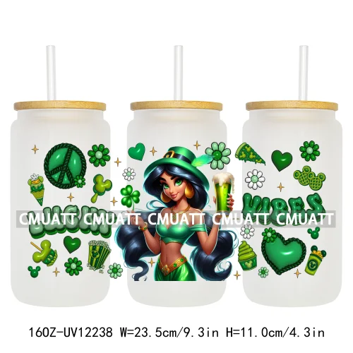 Cartoon Princess Girls St Patricks' Day Lucky Vibes 16OZ UV DTF Cup Transfer Wrap Sticker Waterproof Logos For Libbey Glass Can