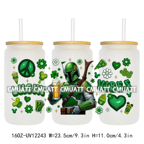 Happy St Patricks Cartoon Princess Characters Feeling Lucky Four Leaf Clover 16OZ UV DTF Cup Wrap Sticker For Libbey Glass Can