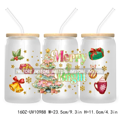 Coquette Glitter Holly Jolly Christmas Tree UV DTF Cup Wrap For Libbey Glass Can Transfer Stickers Waterproof Custom Labels Gift