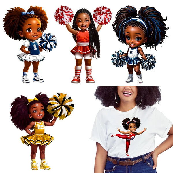 Afro Girl Leader Cheer Sticker Heat Press Happy Cheer Dancer Kids DTF Transfers For Bags Clothing