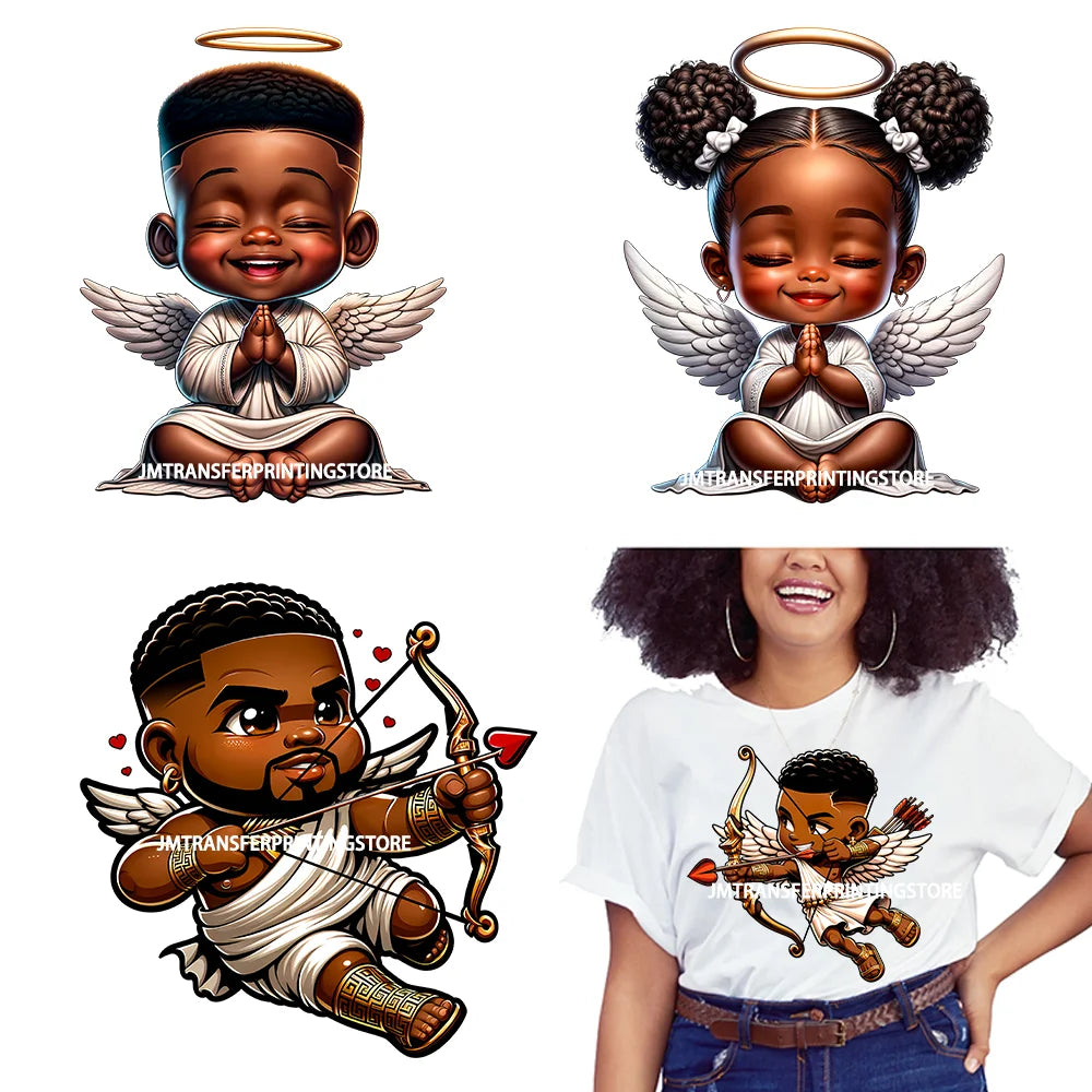 Lovely African American Black Cupids Valentine Praying Angels Boys Girls Religious Iron On DTF Transfers Stickers For Clothes