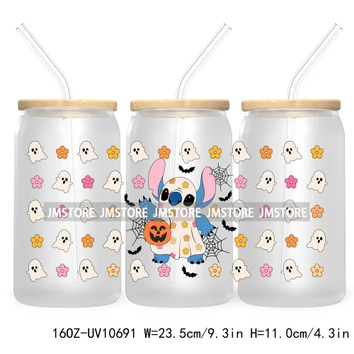 Fall Pumpkin Halloween Season 16OZ UV Cup Wrap DTF Transfer Stickers For Libbey Glass Can Cups Tumbler Cute Cartoon Mouse Ghost