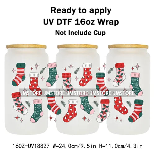 Christmas Bookish Santa Stocking Gifts UV DTF Cup Wrap Ready To Apply Transfer Stickers Waterproof For 16OZ Libbey Glass Can Mug
