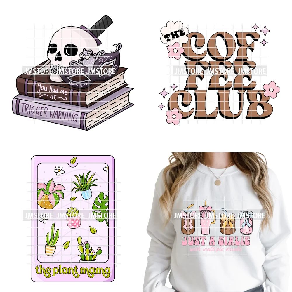 Coffee Mom Club Girlie Drink Reading Motivational Positive Quotes Iron on DTF Heat Transfers Stickers Ready to Press for Clothes