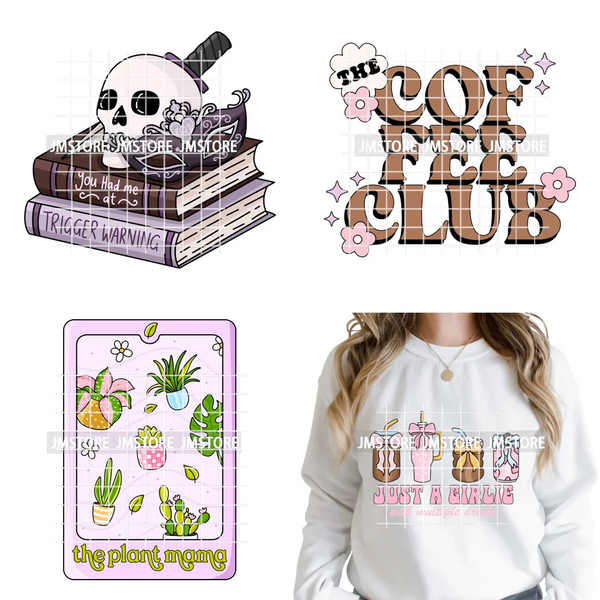 Coffee Mom Club Girlie Drink Reading Motivational Positive Quotes Iron on DTF Heat Transfers Stickers Ready to Press for Clothes