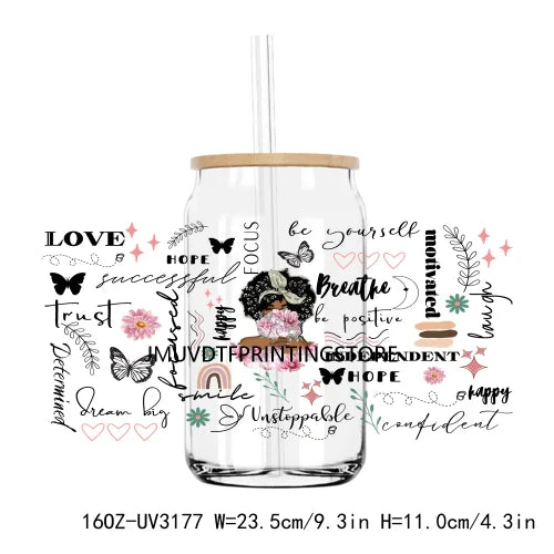 Books And Coffee Inspirational Girl UV DTF Sticker For 16OZ Libbey Glass Cup Can Wrap Transfer Sticker Custom Labels DIY Logo