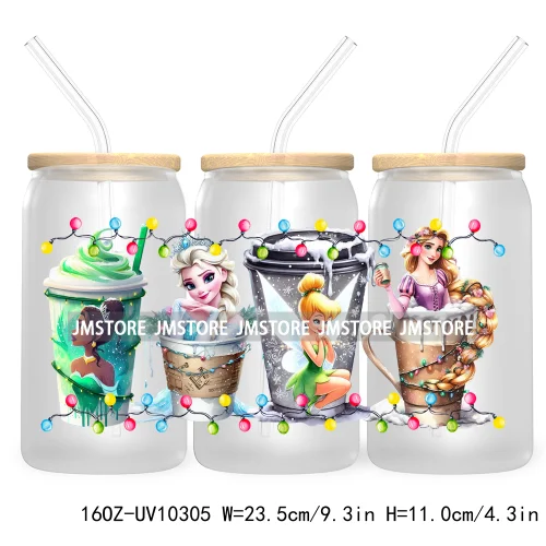 Princess Christmas Cartoon Friends 16OZ UV Cup Wrap DTF Transfer Stickers For Libbey Glass Can Cups Tumbler Magical Kingdom Vibe