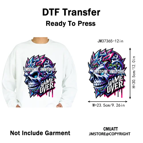 12in Colorful Graffiti Streetwear Skeleton Game Over Iron on DTF Thermal Transfers Stickers Printing Ready to Press for T-shirts