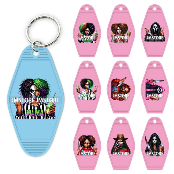 Black Horror Mama Skull Skeleton Ghosts UV DTF Motel Keychain Wraps Ready To Apply Waterproof High Quality Hotel Keychain Decals